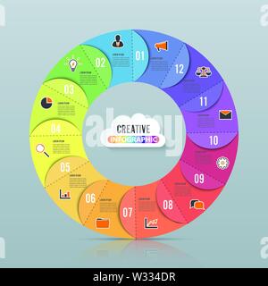 Circle chart infographic template with 12 options for presentations, advertising, layouts, annual reports Stock Vector
