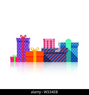 Gifts boxes Beautiful present box with bow. Gift box icon. Gift symbol. Christmas and happy new year gift box. Isolated vector illustration Stock Vector