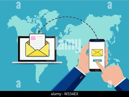 Hand touching smart phone with sending email symbol on laptop. New message. New email. Flat vector illustration. Stock Vector