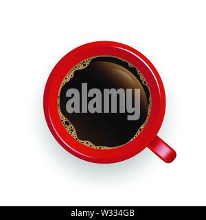 Realistic top view red coffee cup and saucer isolated on white background. illustration Stock Vector