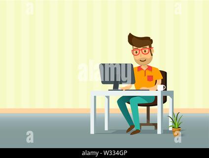 Man working on desktop computer and coffee cup. Stock Vector