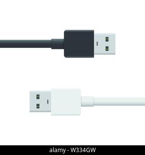 USB black and white cable icon isolated on white background. Vector usb plug sign in flat style. illustration EPS 10. Stock Vector