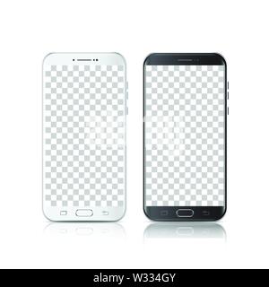 Modern realistic black and white smartphone. Smartphone with isolated on transparent background. 3d Vector illustration of cell phone. Stock Vector