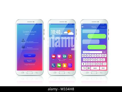 New realistic mobile smart phone modern style. Vector smartphone with UI icons. interface login design and messaging sms app on white background. Stock Vector