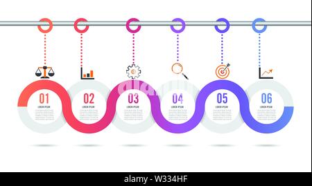 Template Timeline Infographic colored horizontal numbered for six position can be used for workflow, banner, diagram, web design, area chart Stock Vector