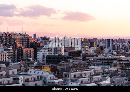 Shinjuku cityscape in Tokyo, Japan at sunset with view of Mount Fuji and golden sunlight with apartment buildings and mountains Stock Photo