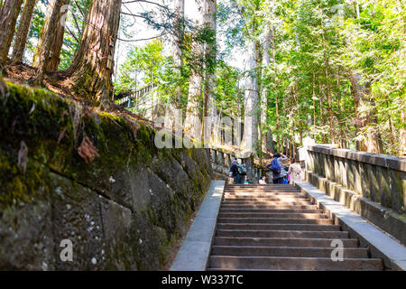 Nikko, Japan - April 4, 2019: Looking up view on tourists people walking on stone steps stairs in Tochigi prefecture in mountain cedar forest leading Stock Photo