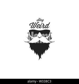 Bearded Hipster, Man in Sunglasses. Black and White Vector Illustration. Stay Weird Slogan. T-shirt Print. Stock Vector