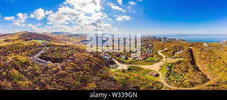 Aerial top down view of autumn forest with green and yellow trees. Mixed deciduous and coniferous forest. Beautiful fall scenery Stock Photo