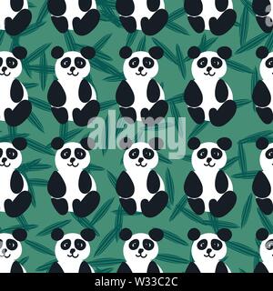 seamless vector pattern with friendly pandas on green background Stock Vector