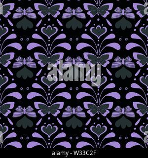 seamless vintege damask moody vector pattern with butterflies and florals Stock Vector