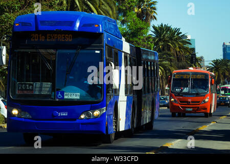 SANTIAGO, CHILE - OCTOBER 2014. A Transantiago bus in downtown Santiago Stock Photo