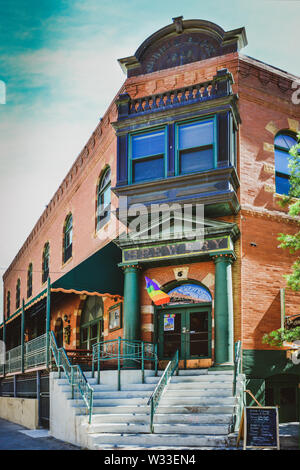 View of the historical Stock Exchange Saloon and Grill, formerly used as a brokerage house in the historical mining town of Bisbee, AZ Stock Photo