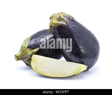 Two Fresh Eggplants With Water Drops On Studio With White Background 