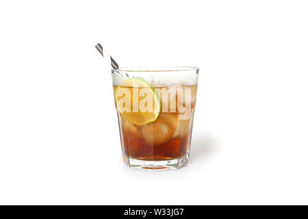 Glass of cold cola with lime isolated on white background Stock Photo