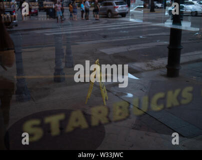 New Orleans, United States. 10th July, 2019. The interior of a Starbucks in downtown New Orleans following flash flooding that put areas of the city underwater on Wednesday. With the Mississippi River's water level at an all time high and a storm forming in the Gulf of Mexico that is expected to make landfall on the Louisiana and Texas coasts, many fear that levees will fail and that New Orleans will again be inundated as bad as it was in the 2004 aftermath of Hurricane Kartina. Credit: SOPA Images Limited/Alamy Live News Stock Photo