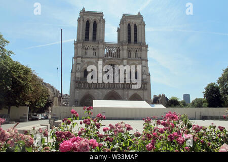 10 July 2019, France, Paris: The cathedral of Notre-Dame. Three months ago a devastating fire had partially destroyed the cathedral on 15.04.2019. Photo: Julia Naue/dpa Stock Photo