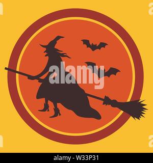 Witch on Broom and Bats Silhouettes against Moon Stock Vector