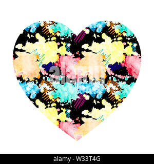 Watercolor splashes in the shape of a heart. Colorful bright seamless pattern with yellow, orange, red and blue blots on a black background. Stock Photo