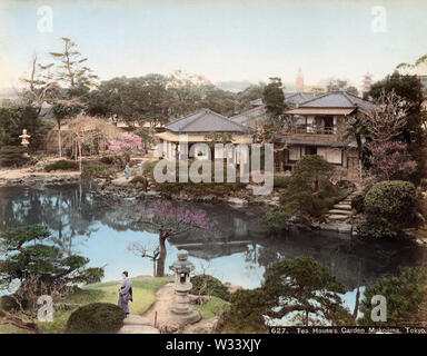 [ 1890s Japan - Traditional Japanese Garden, Tokyo ] —   Traditional Japanese garden in Mukojima, Tokyo. In the background the pagoda of Sensoji (金龍山浅草寺) in Asakusa can be seen, as well as Ryounkaku (凌雲閣), Japan’s very first skyscraper, better known as Junikai, or Twelve Stories. As the tower was opened in 1890 (Meiji 23), this photo was taken sometime during the 1890s.  19th century vintage albumen photograph. Stock Photo