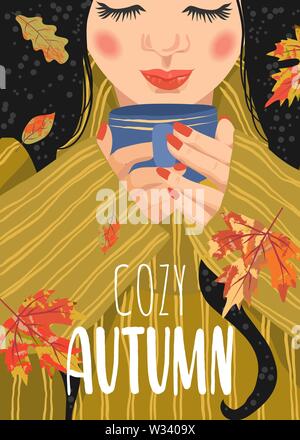 Cozy autumn. Cute flat vector illustration of woman with a cup of tea and falling leaves. Stock Vector