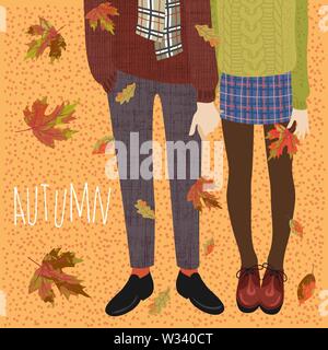 Hello, Autumn. Vector flat illustration of a couple of teenagers and falling autumn leaves. Legs in boots for banners, cards and other Stock Vector