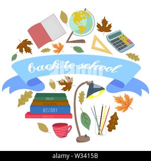 Back to school. Flat vector round set with ribbon, stationery, books and other on a white background Stock Vector
