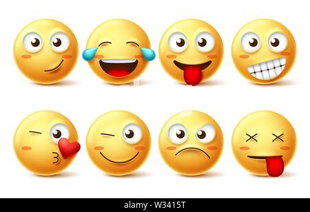 Smiley face vector set. Smileys yellow emoji with happy, funny, kissing, laughing and tired facial expressions isolated in white background for design Stock Vector