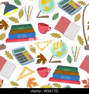 Back to school. Flat vector seamless pattern, freehand with stationery, books and other on a white background Stock Vector