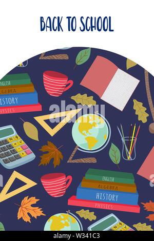 Back to school. Cute vector illustration for poster, background, banner or card, freehand drawing with stationery, books and other Stock Vector