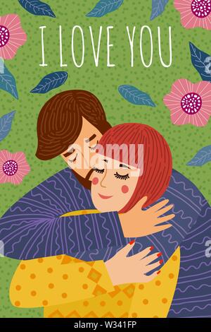 I love you. A man hugs and kiss a woman. Cute vector for cards, banners and posters. Freehand vertical illustraton Stock Vector