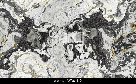 Black and White marble pattern with curly grey and black veins. Abstract texture and background. 2D illustration Stock Photo