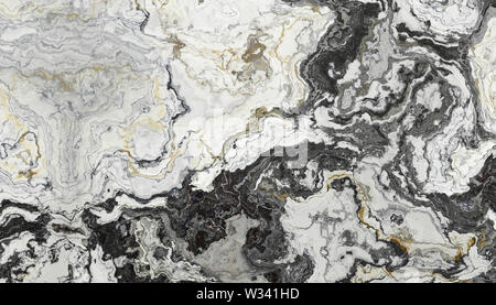 Black and White marble pattern with curly grey and black veins. Abstract texture and background. 2D illustration Stock Photo