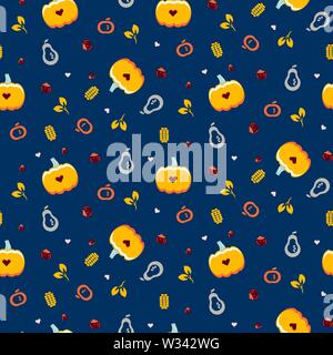 Autumn thanksgiving pattern with pumpkins and corn on blue background. Stock Vector