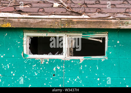 Close up of the small window with broken glass of an old and weathered shed. The building has a damaged roof and peeling green paint on the concrete w Stock Photo