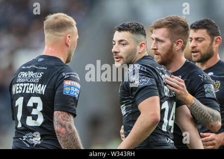 11th July 2019 , KCOM Stadium, Hull, England; Betfred Super League, Round 22, Hull FC vs London Broncos ; Jake Connor (14) of Hull FC celebrates his try   Credit: Mark Cosgrove/News Images Stock Photo