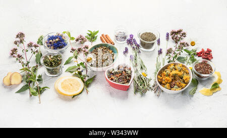 Various kinds of herbal tea. Natural herbs medicine. Stock Photo