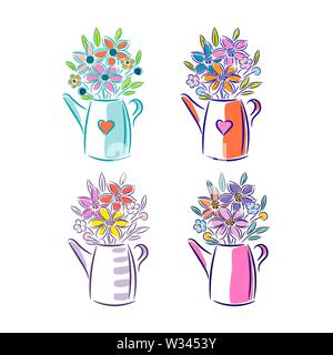Bouquet of flowers in a watering can. Cute floral illustration for postcards isolated on white background. Stock Vector