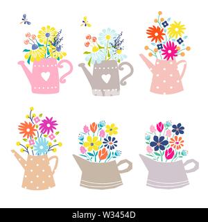 Bouquet of daisy and tulip flowers in a watering can. Cute floral illustration for postcards isolated on white background. Stock Vector