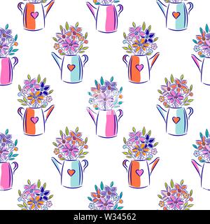 Flowers in watering can bright colors seamless vector pattern. Stock Vector