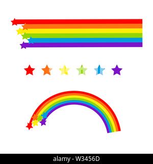 Rainbow cartoon vector isolated on white. Colorful stars and stripes. Stock Vector