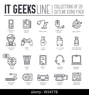 Set of IT geeks, gadgets, devices thin line icons on white background. Programmer, gambler suppliers outline pictograms collection. Computer whiz vect Stock Vector