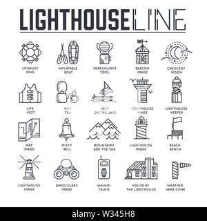 Set of lighthouses thin line icons isolated on white. Sea, ocean environment and lifeguard equipment outline pictograms collection. Maritime logos. Na Stock Vector