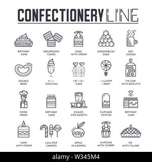 Set of confectionary thin line icons. logos isolated on white background. Sweets, pastries and drinks outline pictograms collection. Cooking, bakery v Stock Vector