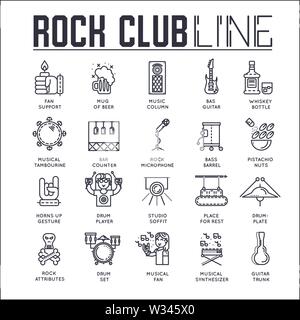 Set of rock club thin line icons on white. Music festival environment and attributes outline pictograms collection. Fans, musical instruments and food Stock Vector