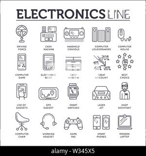 Set of electronics thin line icons, logos isolated on white. Using gadgets in everyday life outline pictograms collection. Modern technologies vector Stock Vector