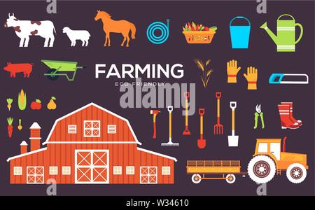 Set of farm objects and characters. Agricultural building, animals, grains, vegetables, tools, equipment. Livestock and crop growing vector illustrati Stock Vector