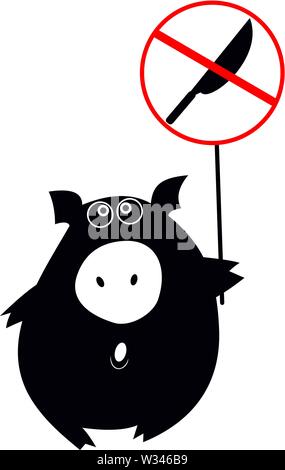 Pig fights for his rights isolated illustration. Protesting cartoon pig holds a placard with crossed knife black on white illustration Stock Vector