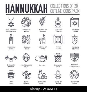 Set of hanukkah decor and attributes thin line icons on white. Jewish culture and religion symbols outline pictograms collection. Judaism holidays tra Stock Vector