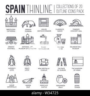 Set of cultural symbols and sightseeing attractions of Spain thin line icons on white. Architecture outline pictograms collection. Landmarks, cuisine, Stock Vector